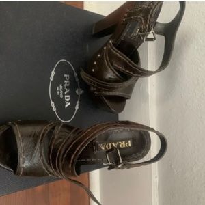 Prada leather wooden heels size 5.5